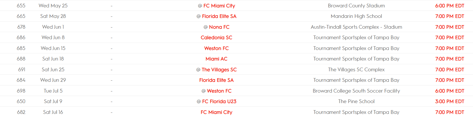 USL2 Game Schedule